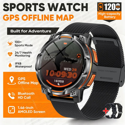 1200mAh Massive Power Outdoor GPS Smart Watch Offline Map 1.43“ HD Screen IPX8 Waterproof Compass Military 107+Sports Watch Men