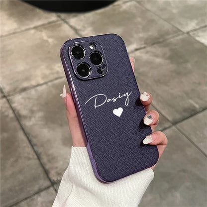 Luxury Plating Leather Personalized Name Case For iPhone 11 12 13 14 15 16 Pro Max Customized DIY Shockproof Cover 15 14 Pro Max
