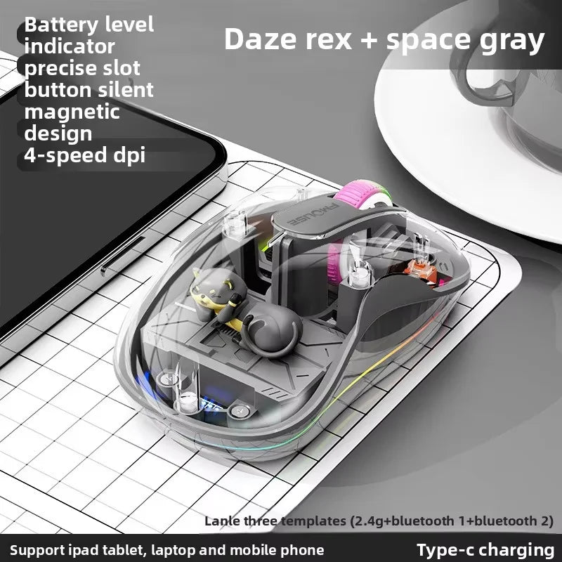 Wireless Bluetooth Tri-Mode Transparent Gaming Mouse with RGB Light, Ergonomic Design, Rechargeable & Magnetic Doll Accessory