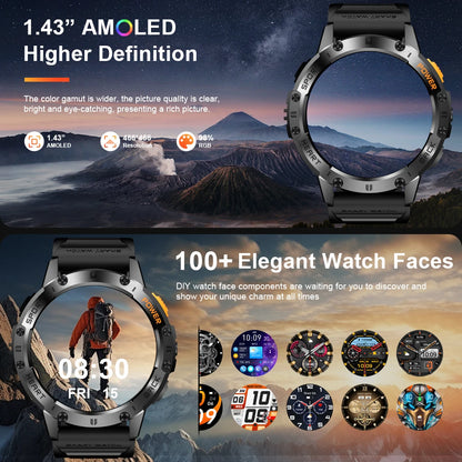 LIGE 1.43 Inch AMOLED Screen Bluetooth Call Flashlight 530mAh Outdoor Men Smart Watch Sports Health Monitor For Android IOS K65