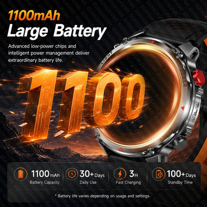 New Men Outdoor Military 1100mAh Large Battery Smart Watch Compass GPS Track IP68 Waterproof LED Flashlight BT Call Smartwatch