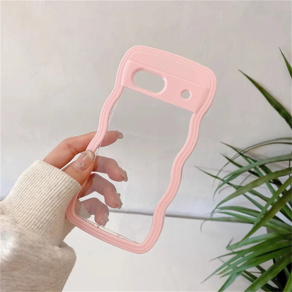 2IN1 Cute Curly Wavy Transparent Phone Case For Google Pixel 11 11Pro 10 10Pro 9 9Pro 9A 8 8A 7A Candy Color Shockproof Cover