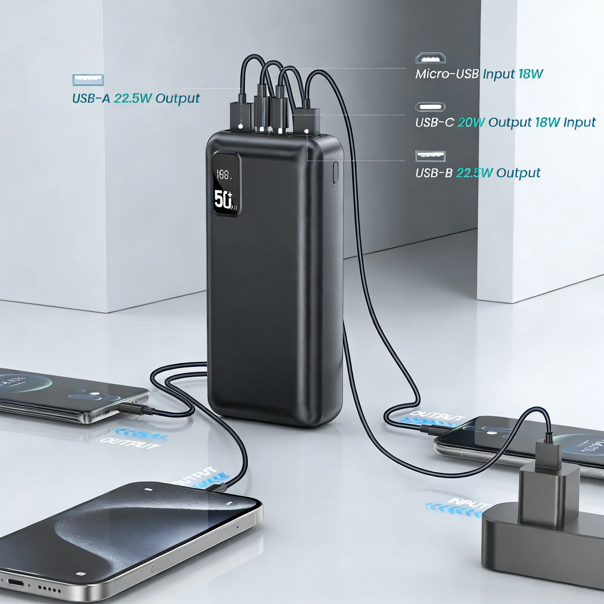 Hganus 22.5W Power Bank 50000mAh QC PD3.0 Fast Charging Powerbank Portable Charger External Battery For iPad IPhone17 Xiaomi