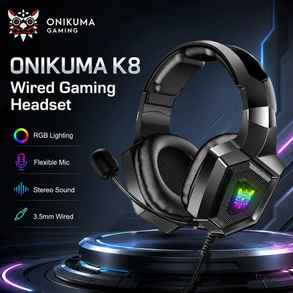 ONIKUMA K8 Wired Gaming Headset RGB Over Ear Headphones Flexible Microphone Surround Sound 3.5mm for PC PS4 Xbox Switch Gamer