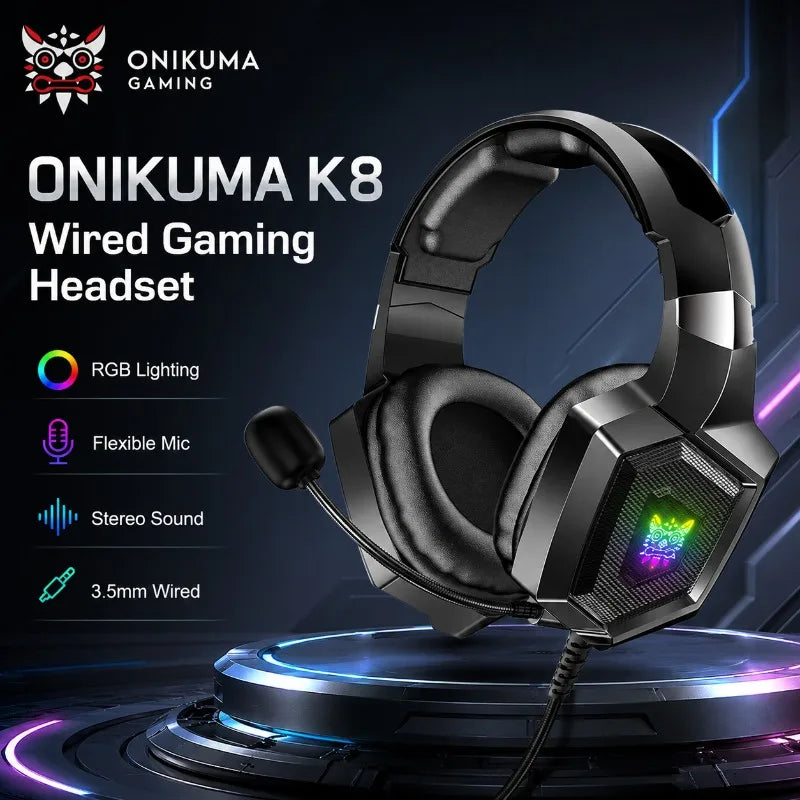 ONIKUMA K8 Wired Gaming Headset RGB Over Ear Headphones Flexible Microphone Surround Sound 3.5mm for PC PS4 Xbox Switch Gamer