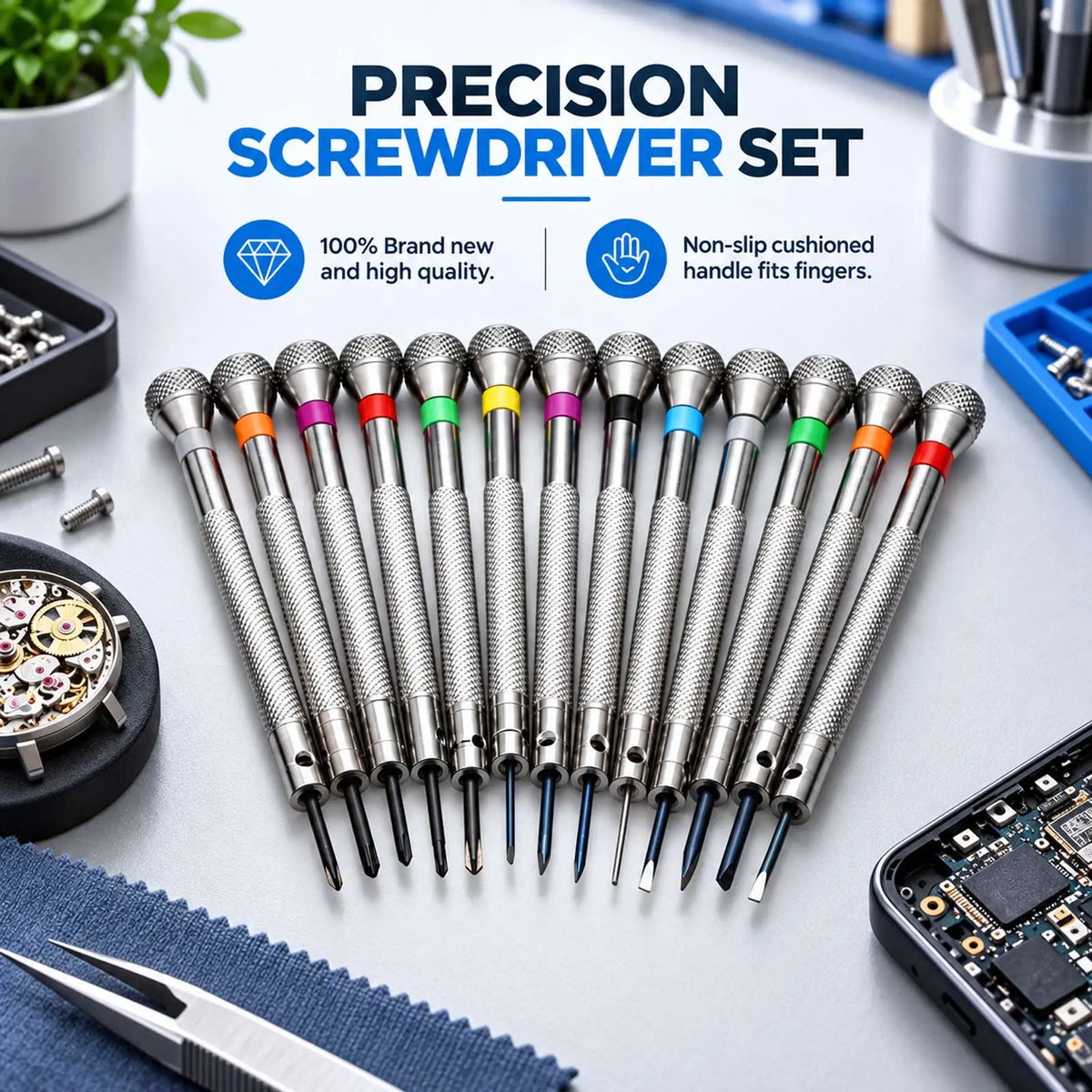 13PCS 0.6-2.0mm Watch Screwdriver Metal Set Slotted Cross Screwdrivers Kit for Watchmakers Watch Repair Tools
