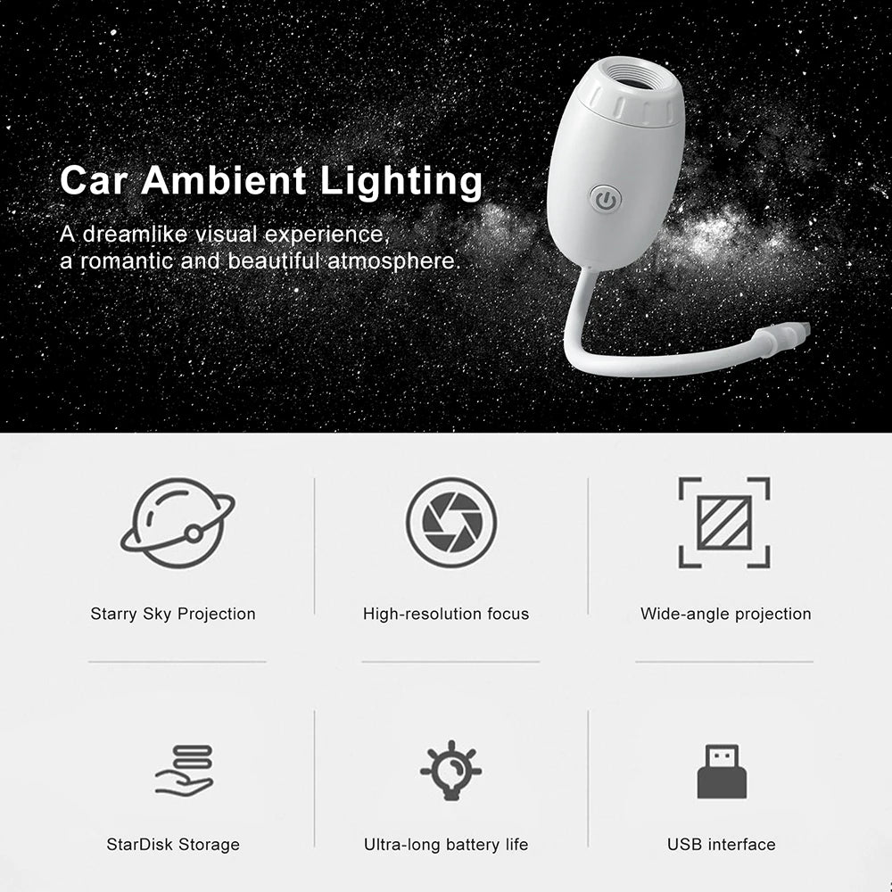 USB Galaxy Projector Light Car Roof Ambient Light Adjustable Focus Car Atmosphere Projection Lamp Romantic Room Star Night Light