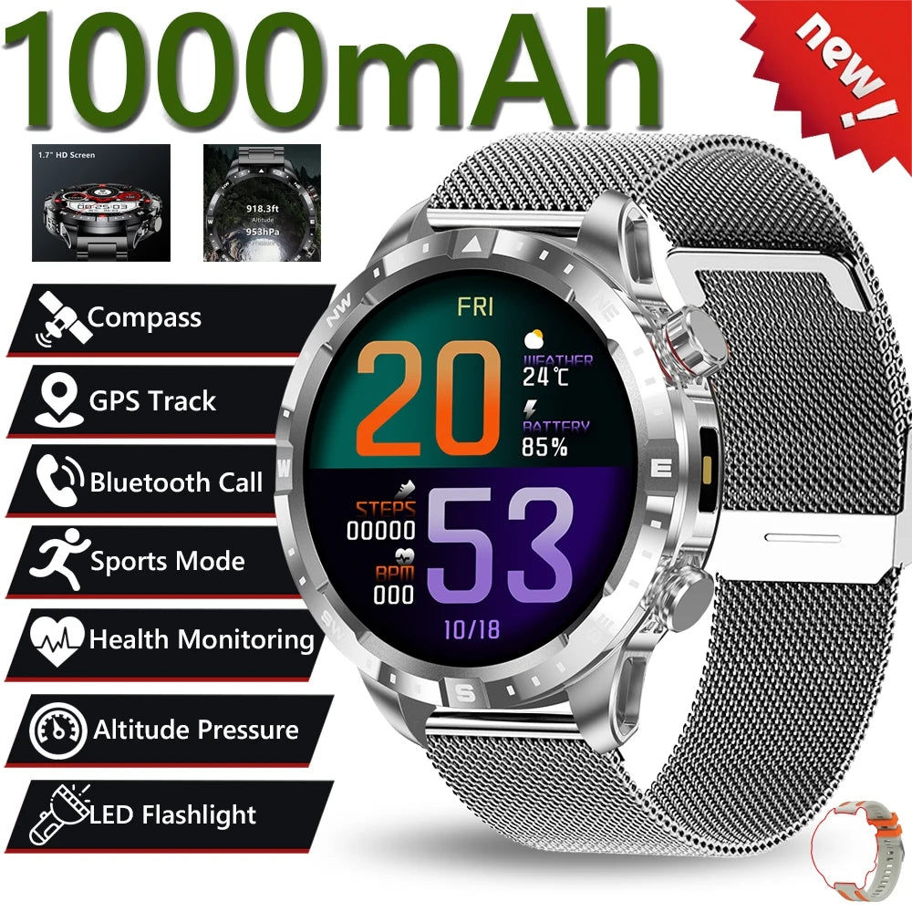 2026 New Military 1000mAh Battery Smart Watch 1.7-inch HD Large Screen LED Flashlight Sport Mode Bluetooth Call Smartwatch Men