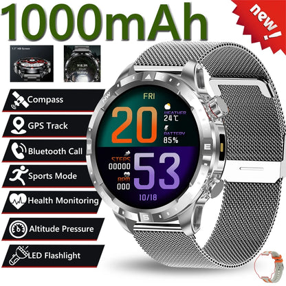 2026 New Military 1000mAh Battery Smart Watch 1.7-inch HD Large Screen LED Flashlight Sport Mode Bluetooth Call Smartwatch Men