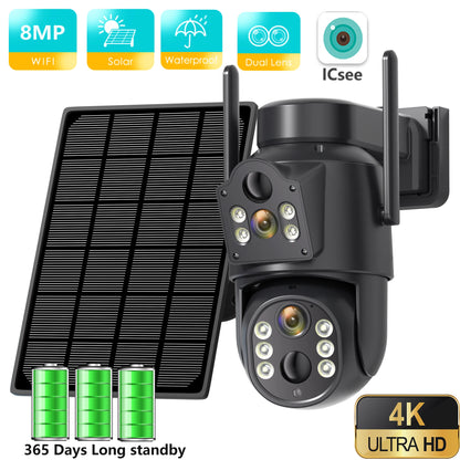 4K HD Solar WiFi Camera Outdoor Built-in Battery Dual Lens 2K Security Camera Solar Panel Wireless Video Surveillance CCTV ICSee