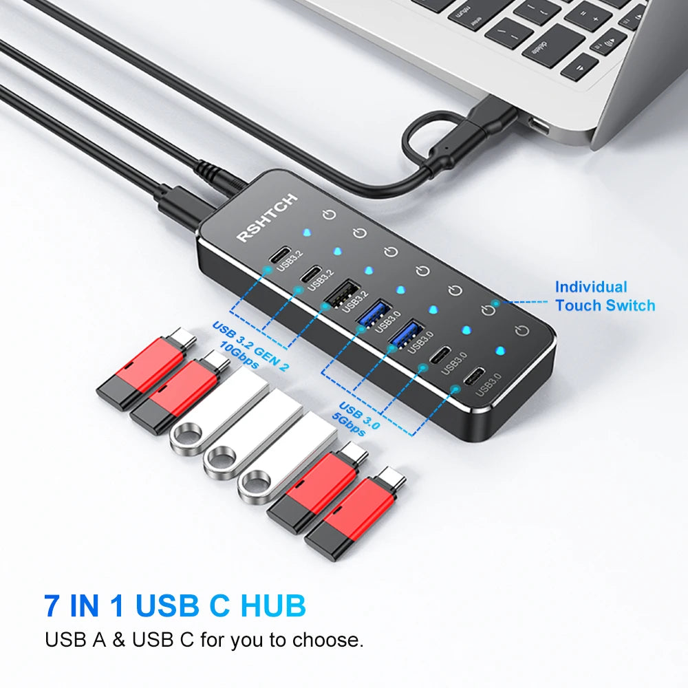 RSHTECH 7-IN-1 USB Hub 10Gbps Data Transfer Individual Touch Switches USB-C Extension Splitter for Laptops Computer Accessories