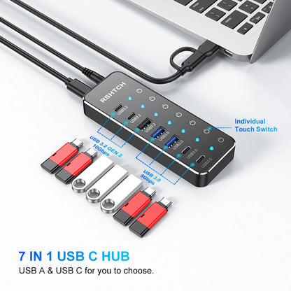 RSHTECH 7-IN-1 USB Hub 10Gbps Data Transfer Individual Touch Switches USB-C Extension Splitter for Laptops Computer Accessories