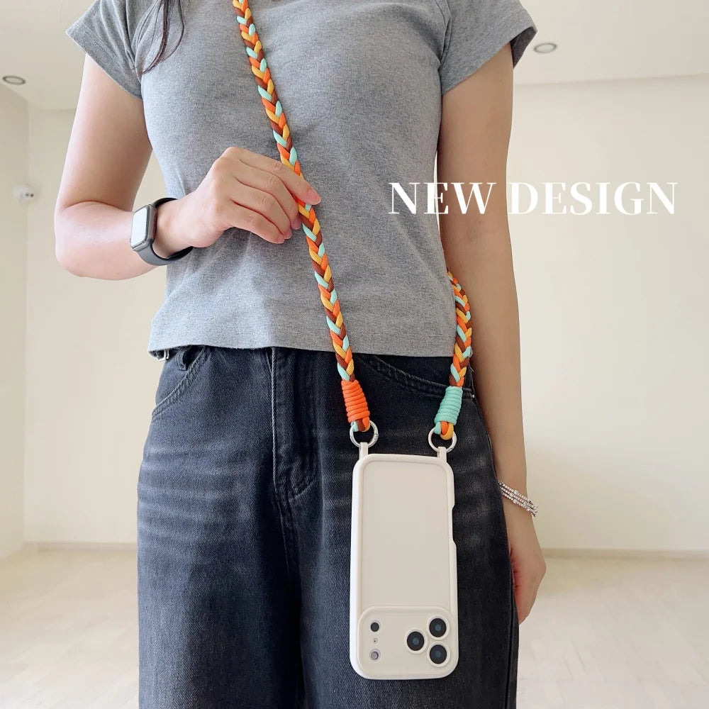Crossbody Lanyard Braided Cord Liquid Silicone Case For iPhone 16 17 Pro Max 15 14 13 12 11 XR XS 7 8 Plus Necklace Strap Cover