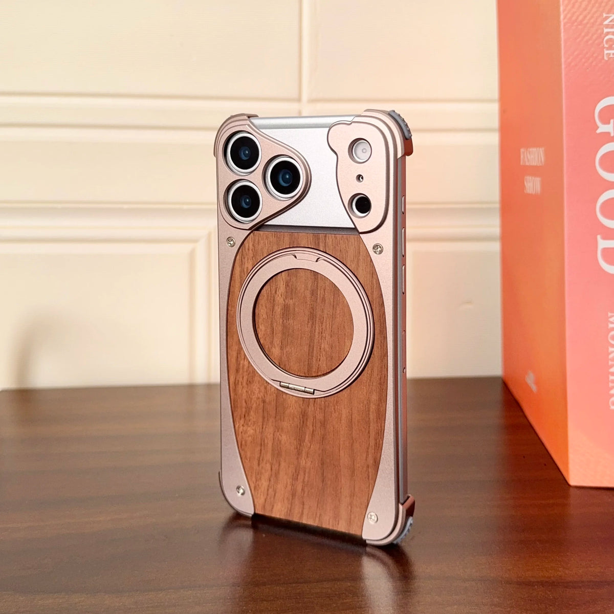 Luxury Metal Frame Walnut Wood Frameless Phone Case For iPhone 17 16 15 14 Pro Max Magsafe Magnetic 360 Rotating Bracket Cover