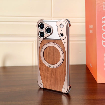 Luxury Metal Frame Walnut Wood Frameless Phone Case For iPhone 17 16 15 14 Pro Max Magsafe Magnetic 360 Rotating Bracket Cover