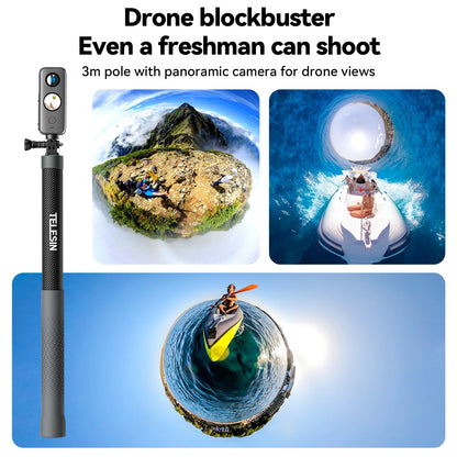 TELESIN 1.2M 3M Carbon Fiber Selfie Stick Monopod Extendable With 1/4 Screw For GoPro Insta360 Osmo Action DJI Action Camera