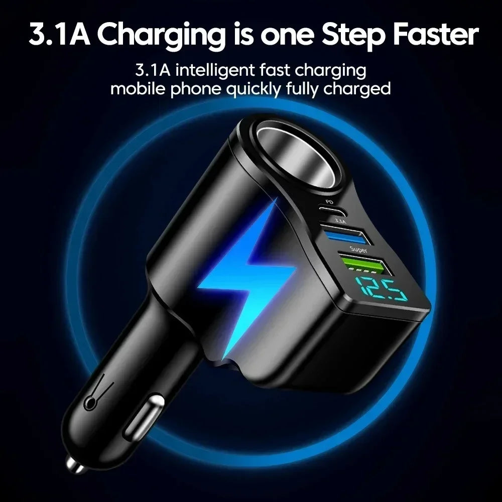 New digital display car fast charging dual USB car charger car one to three cigarette lighter 66W car multifunctional charger