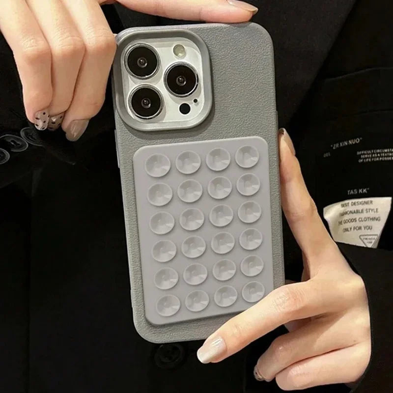 3D Suction Cup Stand Litchi Pattern Phone Case For iPhone 17 16 15 Pro Max Plus 16E 14 13 12 11 Pro Max X XS XR Shockproof Cover