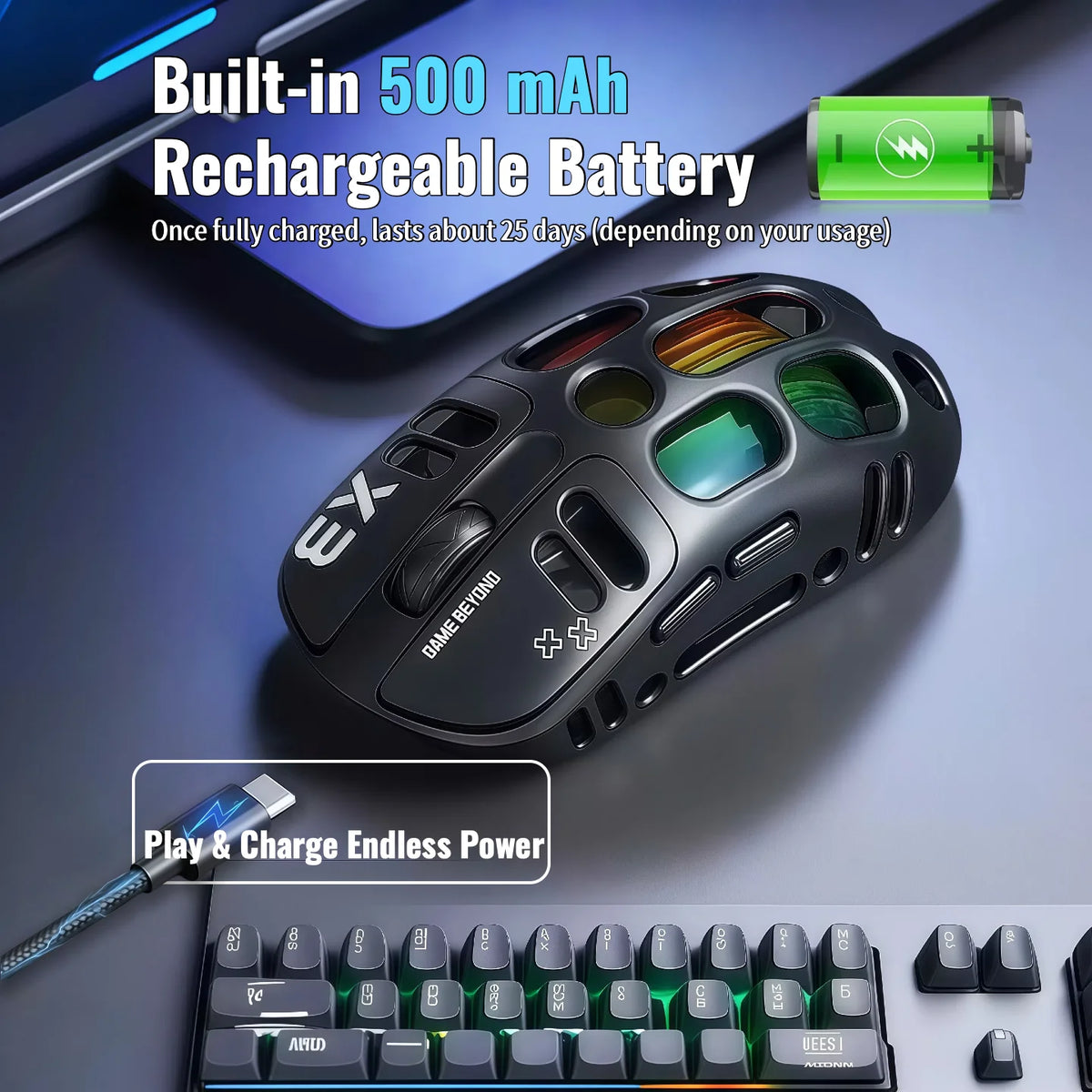 Wireless Gaming Mouse Tri-Mode BT5.1/2.4G/USB-C, 70g Lightweight RGB Rechargeable Mouse, 8000 DPI Sensor, 5 Programmable Buttons for PC Laptop