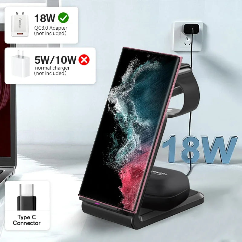 VIKEFON  3 in 1 Wireless Charger Stand for iPhone 16 15 14 13 12 Samsung Galaxy Apple Watch Airpods Pro Fast Charging Station