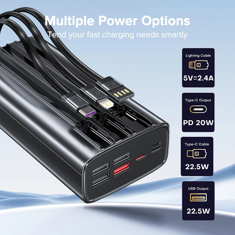 QOOVI 20000mah Power Bank 22.5W Fast Charging Built-in Cable External Large Battery Portable Charger For iPhone Samsung Xiaomi