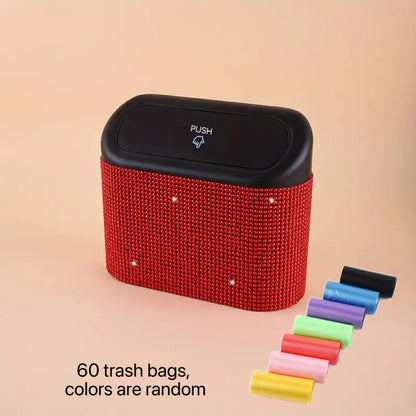 Artificial Rhinestone-Embellished Car Trash Can with 60 Dedicated Trash Bags, Car Interior Hanging Storage Box with Automatic Lid, Multifunctional Car Accessory