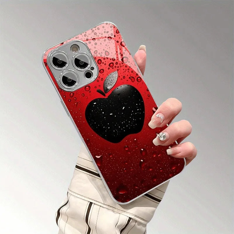 Advanced Lucky Red Water Drop Apple Pattern For iPhone Case for 11/12/13/14/15/16/17 Pro MAX Plating Silver Glass Design