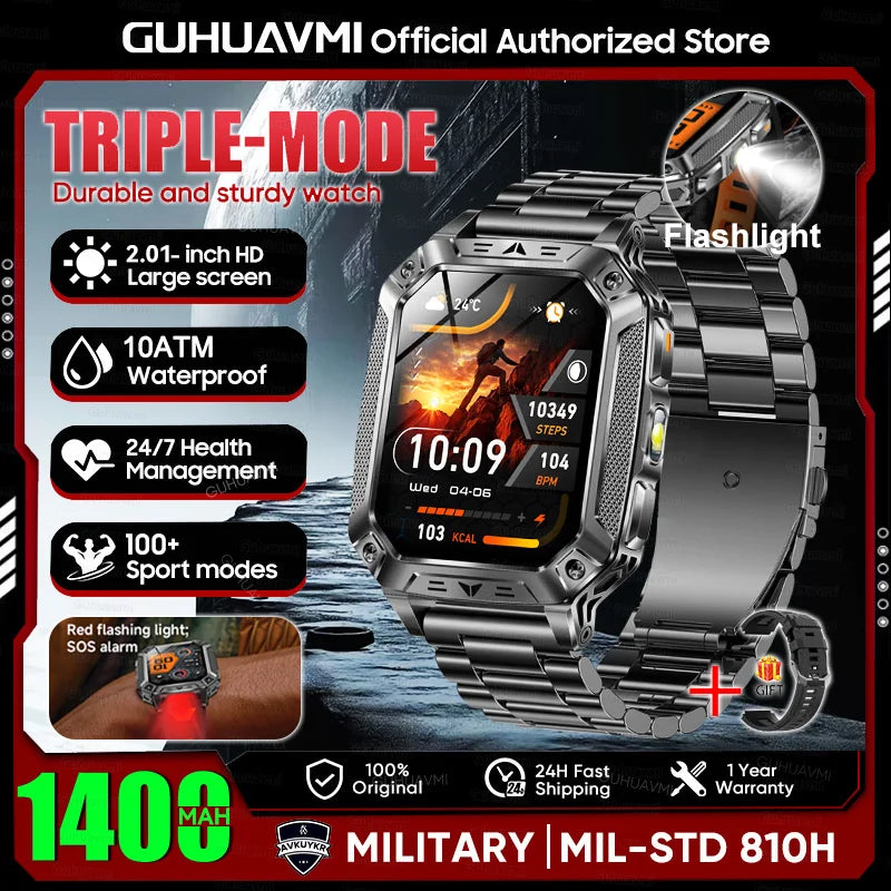 2026 New 1400mAh Large Battery Military Outdoor 2.01 inches Smart watch Men 10ATM Waterproof Bluetooth Call Sports Smart Watch