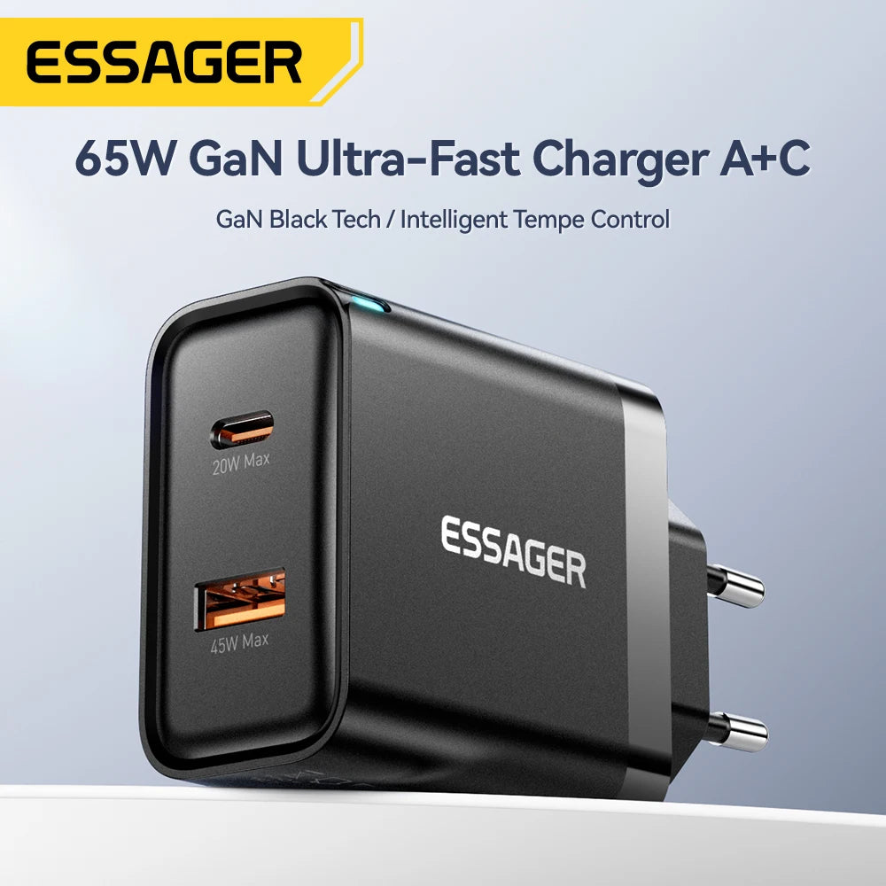Essager 65W GaN Charger QC 4.0 PD 3.0 Type C USB Charger for iPhone 15 14 13 Pro Max Samsung Xiaomi MacBook Laptop Fast Chagers