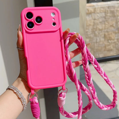 Crossbody Lanyard Braided Cord Liquid Silicone Case For iPhone 16 17 Pro Max 15 14 13 12 11 XR XS 7 8 Plus Necklace Strap Cover