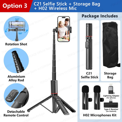 C21 Selfie Stick Stable Tripod with Bluetooth Wireless Remote for IPhone Android Mobile Phones Shooting Video, Hidden Phone Clip