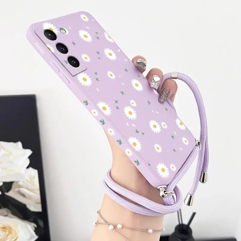 Deciduous Daisies Crossbody Lanyard Silicone Phone Case For Samsung Galaxy S23 S22 S21 S10 S8 Plus Note 20 ultra 10 Plus Cover