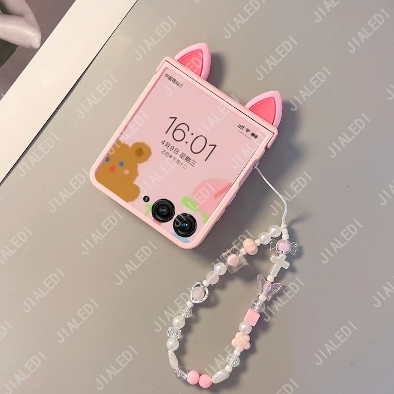 Cute Cat Ears Hinge Phone Case For Samsung Galaxy Z Flip 8 7 6 5 4 3 flip6 zflip7 ZFlip 8 Cover