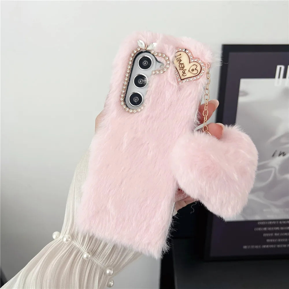 For Samsung Galaxy Z Fold 5 Case Korea Cute Fluffy Plush Love Pendant Phone Case For Galaxy Z Fold6 Cover Z Fold3 Z Fold2 Fold5