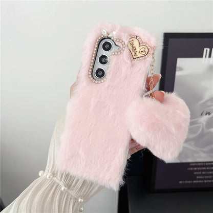 For Samsung Galaxy Z Fold 5 Case Korea Cute Fluffy Plush Love Pendant Phone Case For Galaxy Z Fold6 Cover Z Fold3 Z Fold2 Fold5
