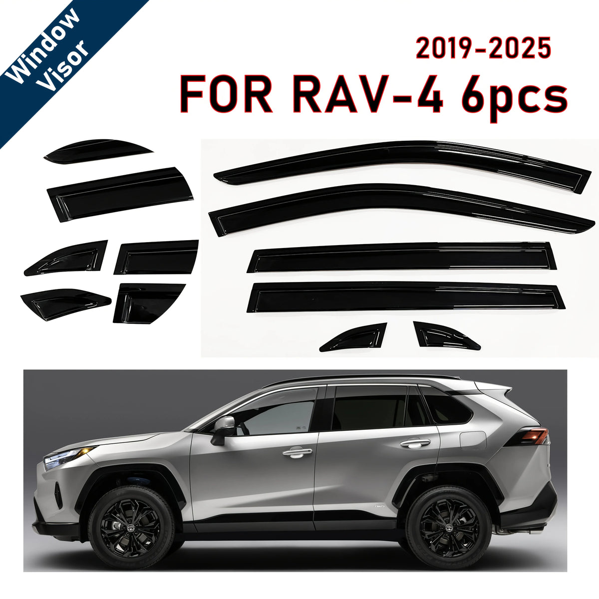 Window Visor for Toyota Rav-4 Rav4 2019-2025 | 6pcs Rain Guard Wind Deflector | Car Weather Shield Accessory