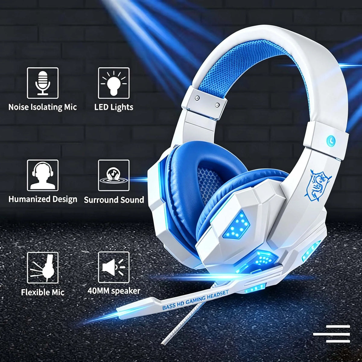 RGB LED Light Gaming Headsets With Mic Low Latency 3.5mm Wired Gaming Headphone For Computer PS4 PS5 Xbox Bass Stereo Earphones