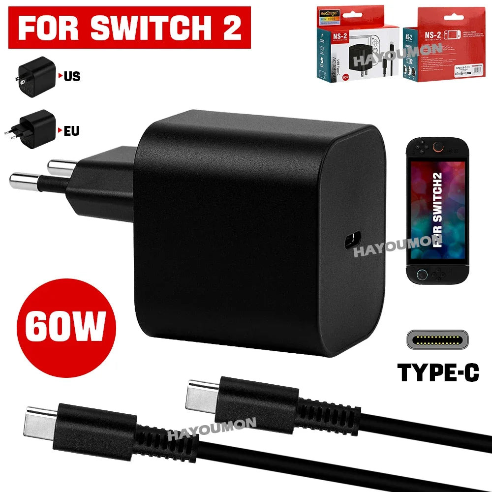 New 60W AC Adapter For NS Switch 2 Type C Fast Charger Power Supply Support TV Mode Wall Charger For Switch 2 Game Accessories