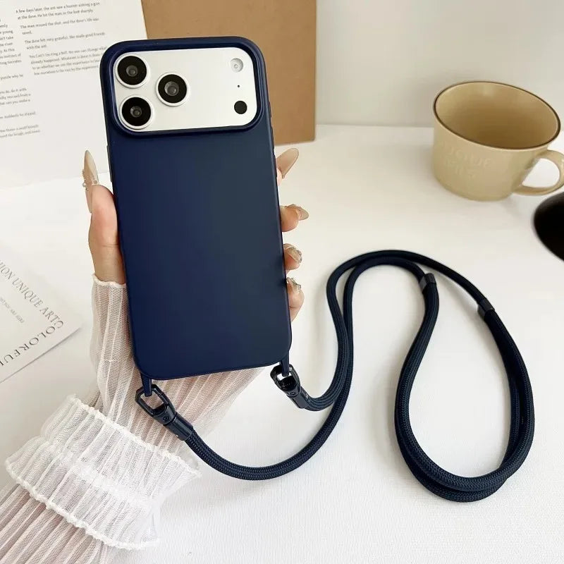 Original Silicone Lanyard Phone Case For iPhone 17 16 15 14 13 Pro Max 17Pro 16Pro Air Shockproof Crossbody Cord Strap Cover