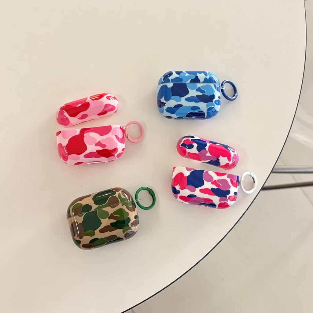 Personality Stylish Color Collision Camouflage Pattern With Hook Earphone Case Cover for AirPods 1 or 2 3 4 5 Pro 2 Pro 3