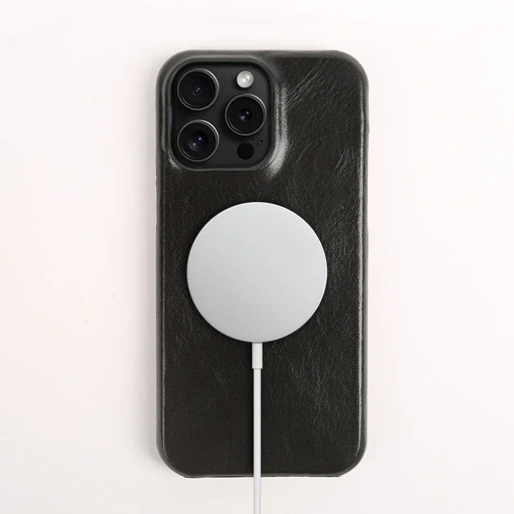 Business Genuine Leather Case for iPhone 16 Pro Max 14 13ProMax 12 11 Magnetic Magsafe Premium Cowhide Phone Cover Back Coque