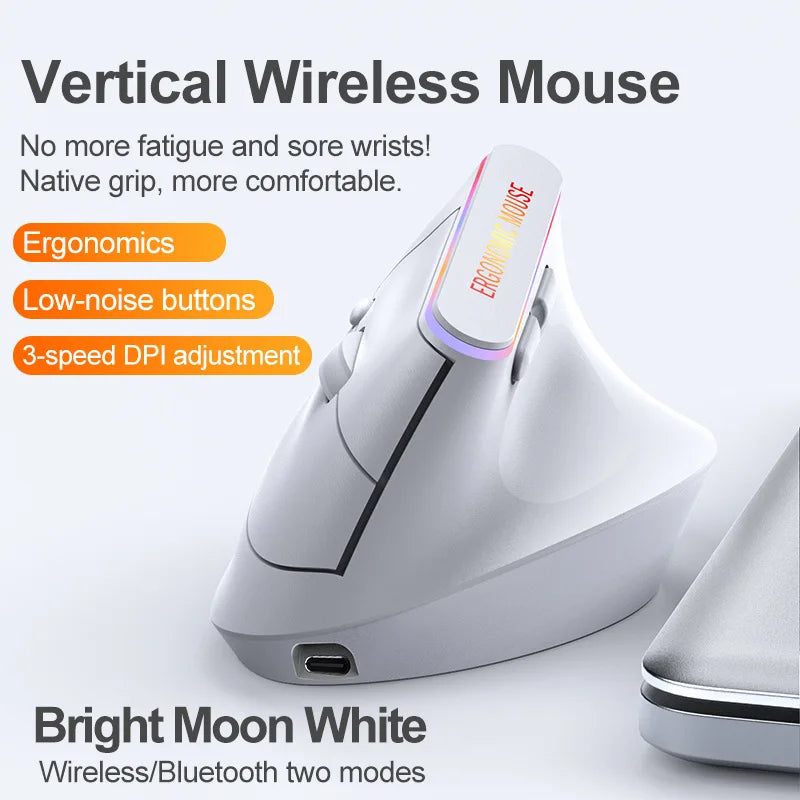 Portable Vertical Wireless Mouse Rechargeable 2.4G Bluetooth DPI Adjustable Low-noise Buttons Ergonomic Mouse for Desktop Laptop