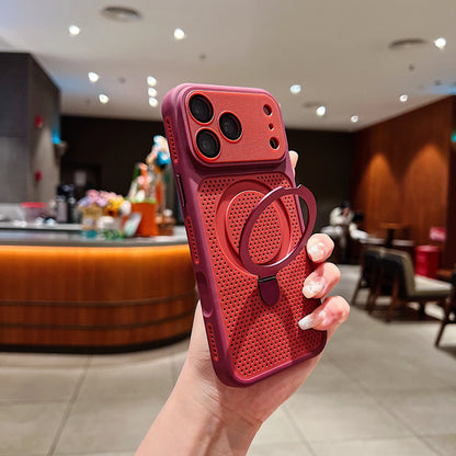 Luxury Heat Dissipation Cooling Mesh Hole Case for iPhone 17 16 15 14 Plus 13 Pro Max For Magsafe Stand Holder Armor Cover