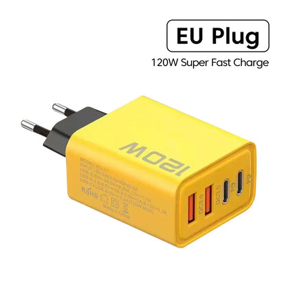 120W 4 Ports USB Charger Fast Charge Phone Charger Adapter Type C Cable For iPhone Samsung Xiaomi EU/US/UK Plug Wall Charger
