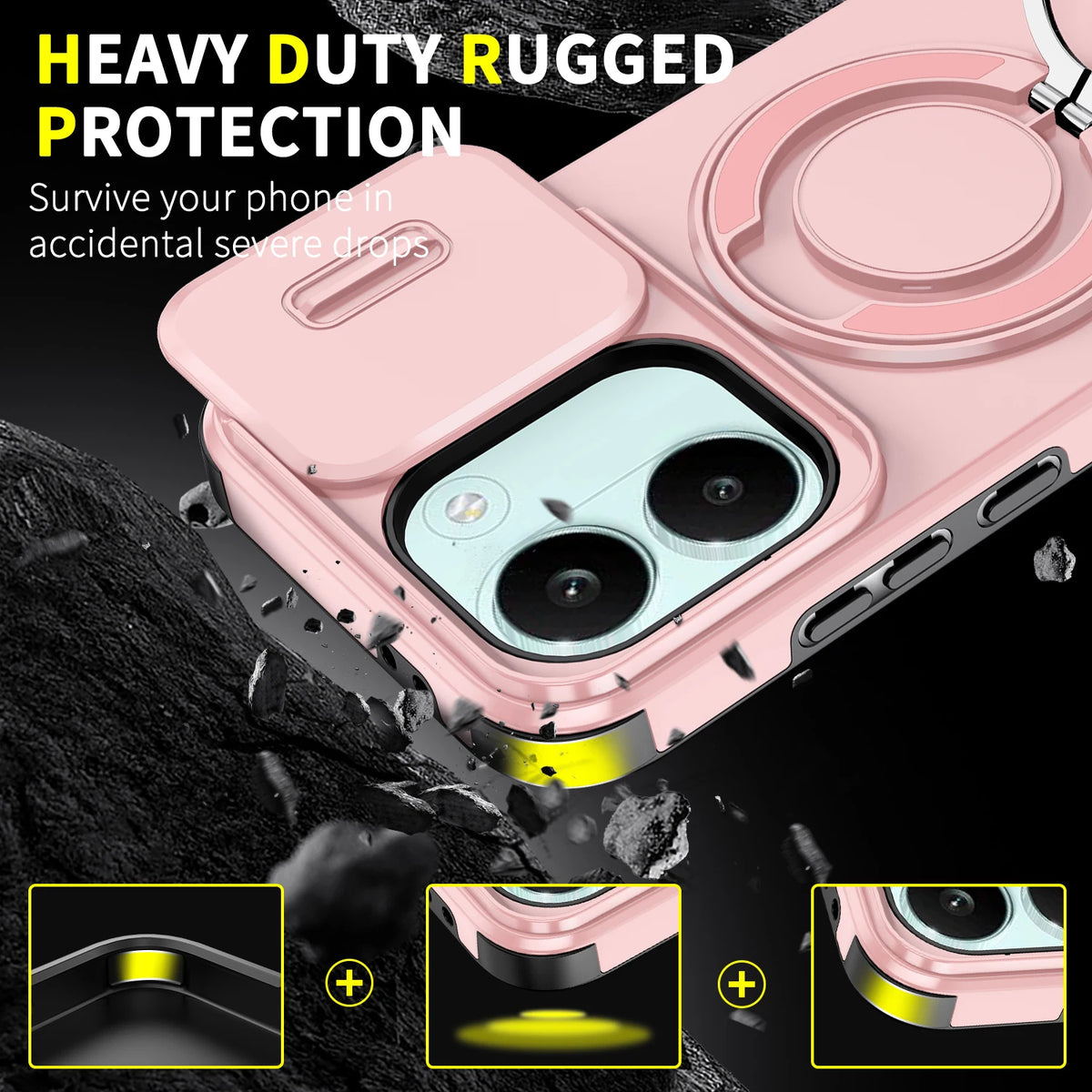 Sliding Camera Lens Protection Armor Phone Case For Xiaomi Poco X8 Pro 5G 360°Rotate Ring Holder Kickstand Shockproof Back Cover