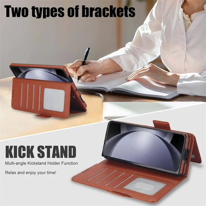 For Samsung Galaxy Z Fold 7 6 Leather Foldable Card Insert Pen Slot Phone Case For Z Fold5 Z Fold 3 4 Flip MultiFunctional Stand