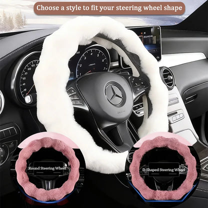 Plush Car Steering Wheel Cover Winter Universal Soft Fluffy Handbrake Shift Cover Auto Interior Accessories for Men Women Warm