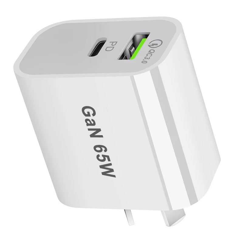 UK/AU/EU/US USB C Charger 65W PD 3.0 GaN Charger Type C Power Adapter With 2-Port Fast Wall Charger Compatible for iPhone 13 USB
