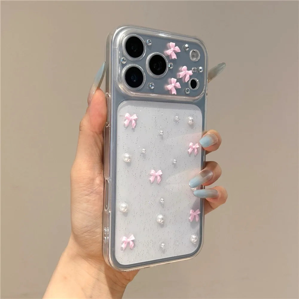 Cute 3D Pink Bowknot Pearl Glitter Clear Phone Case For iPhone 17 18 Pro Max 16 15 12 11 14 13 Lovely Shockroof TPU Soft Cover