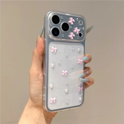 Cute 3D Pink Bowknot Pearl Glitter Clear Phone Case For iPhone 17 18 Pro Max 16 15 12 11 14 13 Lovely Shockroof TPU Soft Cover